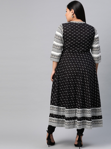 Kurta Anarkali en coton slub noir à col en V, motif géométrique, manches trois quarts, grande taille, pour femme, usage quotidien - Product Image 4