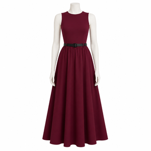 Elegante Vestido Largo Borgoña sin Mangas con Cinturón para Mujer, Cuello Redondo, Línea A, para Fiesta de Noche, Cóctel, Invitada de Boda, Vestido Formal Largo - Product Image 1