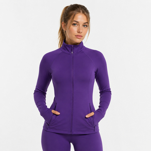 Veste de yoga pour femme avec trou pour le pouce, en spandex et polyester, veste de base, col montant, fermeture éclair fine, respirante, pour l'entraînement - Product Image 1