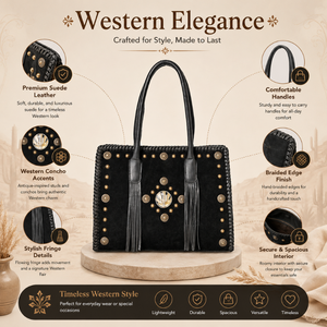 Sac fourre-tout en cuir suédé noir fait main avec clous et pompons, style western, sac à main tendance pour femme pour les voyages quotidiens - Product Image 5