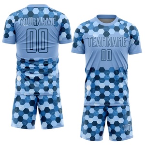 Conjunto de Camiseta de Fútbol Sublimada Personalizada, Patrón Geométrico Azul, Cuello Redondo, Manga Corta, Absorbe la Humedad, Uniforme Deportivo Unisex para Adultos - Product Image 1