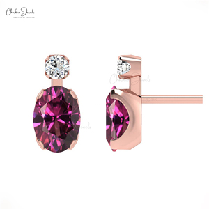 Handmade 14k Solid Gold Natural 7x5mm Oval Cut Rhodolite <b>Garnet</b> & Diamond Accent <b>Earrings</b> Wholesale Supplier From India - Product Image 3