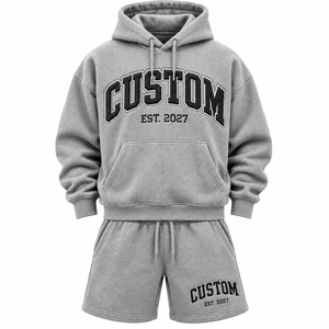 Ensemble sweat-shirt et short gris pour homme personnalisé, 100% coton French Terry, tenue décontractée deux pièces brodée 2027 - Product Image 1
