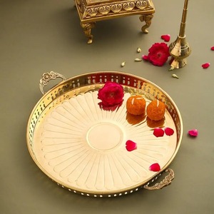 Durable Brass Pooja Thali Set Antique Style Puja Plate with Diya Bell Kalash <b>Mandir</b> Decor - Product Image 6