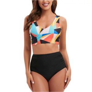 Girls 2 Piece Geometric Print One-piece Crossed Halter High Cut Push Swimwear Spandex/Polyester Contrast Binding High Waist - Product Image 2