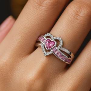 Bague de fiançailles romantique en moissanite rose en forme de cœur, style double halo en argent 925, pour les amoureux - Product Image 2
