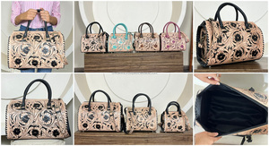 High Quality Genuine Hair On Cowhide <b>Leather</b> Speedy Bag Hand <b>Tooled</b> Floral Duffle Bag Large Capacity Handbag Western Travel Bag - Product Image 3