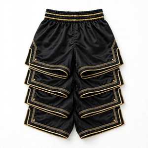 <b>Men's</b> Black Satin Polyester/Cotton Embroidered <b>Shorts</b> Gold Trim Drawstring Mid Waist Loose Fit Sporty Boxing Trunks <b>Knee</b> <b>Length</b> - Product Image 2