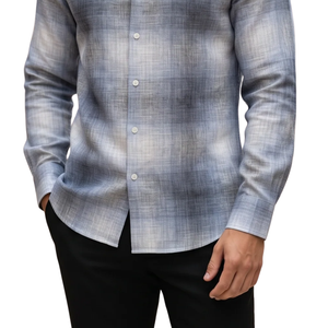 Chemise en flanelle à carreaux gris bleu clair pour homme, manches longues, boutonnée, décontractée, tissu brossé doux, streetwear d'extérieur - Product Image 5