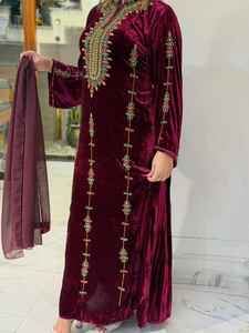 Robe Kaftan Longue Femme Awaais House Légère Unie Ethnique Pailletée Perlée à la Main Col Montant Manches Longues Ourlet Évasé - Product Image 3