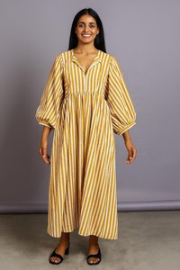 Robe rayée en coton pour femme avec col profond et fermeture à cordon – Coupe décontractée, robe longue maxi douce et respirante - Product Image 5