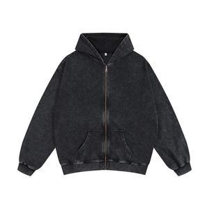 Sweat à capuche zippé pour homme, coupe ample, épaules tombantes, style rétro américain, délavé, avec motif cœur oversize en grande boucle, 350g, 100% Coton, uni, effet vieilli - Product Image 5