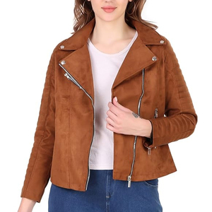 <b>Women's</b> Brown <b>Suede</b> Moto <b>Jacket</b> With Zipper Closure Full Sleeve Stand Collar Autumn Style - Product Image 4