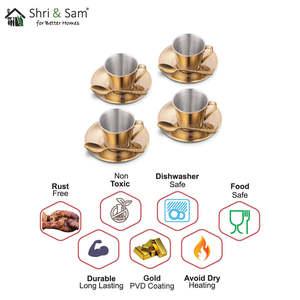 4 PCS Double Wall Stainless Steel Drink <b>Cup</b> <b>and</b> <b>Saucer</b> <b>Set</b> Gold PVD Coating & Laser Rise Design - Product Image 2
