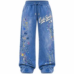 Conjunto de chándal de mezclilla desgastada con lavado ácido para mujer, chaqueta bordada con cremallera y pantalones holgados a juego, estilo urbano. - Product Image 5