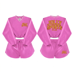 Women Sweatshirt and Shorts Set Polyester Mesh Breathable Fabric Rib Trim Custom <b>Heat</b> Press Logo Sweatshirt and Shorts for women - Product Image 4