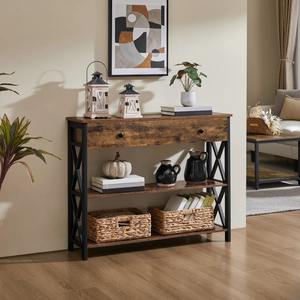 Mesa Consola Rústica Marrón con Cajón, Estructura Metálica Industrial, Diseño en X, Mueble para Entrada - Product Image 4