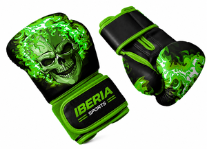 Gants de boxe noirs IBERIA Premium, imprimé crâne vert, gants d'entraînement en cuir PU, logo personnalisé, équipement sportif en gros OEM - Product Image 4