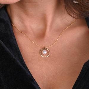 Collier pendentif en or 14 carats avec perle d'imitation, design géométrique ovale, pour femme, style minimaliste, à porter au quotidien - Product Image 2