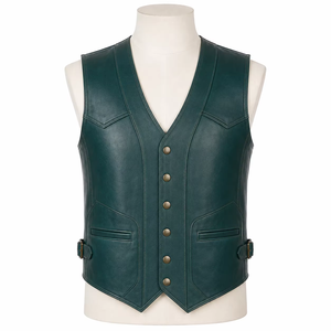 Chaleco de Cuero Genuino Verde para Hombre, Cuello en V, Cortavientos, Invierno, Cierre de Botón, con Bolsillo Ajustable en la Cintura, Estilo Motero - Product Image 1