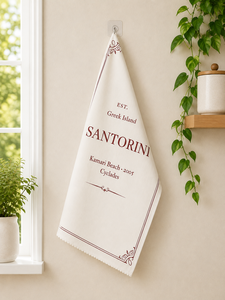 Essuie-tout de cuisine Santorini blanc imprimé |   Serviette de cuisine décorative Île grecque |   Serviette de cuisine à bords festonnés - Product Image 2