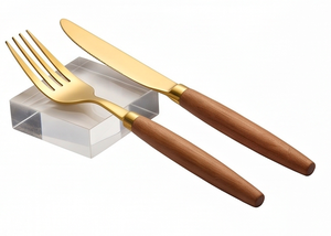 Juego de 4 cubiertos chapados en oro con mangos de madera, utensilios de cocina de lujo, vajilla, utensilios para servir, para uso en el hogar, hoteles y cafeterías. - Product Image 2