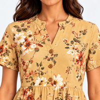 Robe midi florale moutarde pour femme, manches courtes, boutonnée sur le devant, coupe trapèze, avec poches, décontractée, pour l'été – Fournisseur de vêtements en gros OEM ODM