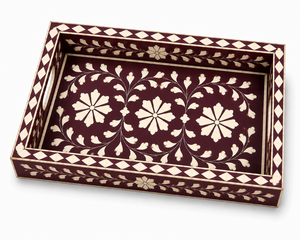 Plateau de service rectangulaire en bois fait main, motif végétal, design bohème, décoration sous glaçure, vaisselle et assiettes - Product Image 3