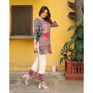 Conjunto de Kurta Corta Transpirable de Crepé con Parches Variados para Mujer, Talla XS, con Mangas Tres Cuartos - Product Image 5