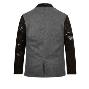 Blazer en laine grise pour homme Leather Cult avec manches en cuir noir patchwork et bouton unique - Product Image 2