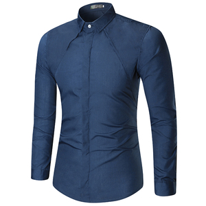 Camisa de Vestir de Manga Larga para Hombre, Color Azul Marino, Cuello Clásico, Manga Larga, Formal, para Otoño, 100% Algodón Popelina - Product Image 1