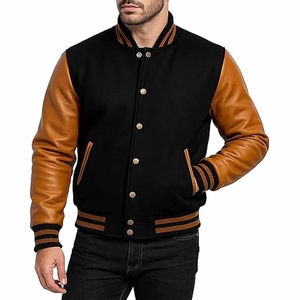 Unisex Black Varsity Jacket Hooded Breathable Wool/Viscose Sleeves Single <b>Button</b> Closure Casual Outerwear Regular Fit Autumn - Product Image 3