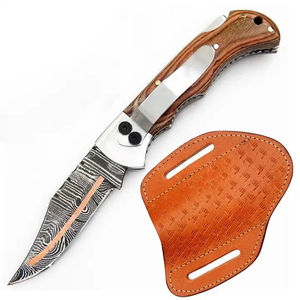 Couteau de poche multifonctionnel Burraq OEM DIY personnalisé fait main en acier Damas avec manche en bois et étui en cuir – Cadeau d'anniversaire - Product Image 1
