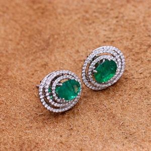 Pendientes de Oro Blanco Sólido de 18K con Esmeralda Verde Natural Ovalada y Doble Halo de Diamantes, Joyería Fina con Piedras Preciosas para Mujer, Venta al Por Mayor - Product Image 2