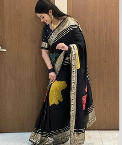 Sari en soie pure tissée à imprimé floral sans plis réversible pour femme KV (noir) pour mariage/fête - Product Image 4