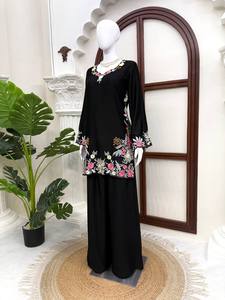 Black Embroidered Muslim <b>Dress</b> <b>Long</b> Sleeve Abaya Set Floral Hijab Outfit Traditional Women Apparel - Product Image 1