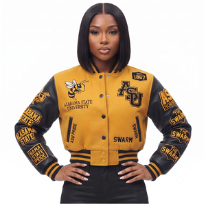 Chaqueta universitaria de béisbol estilo Letterman, diseño personalizado OEM, cuerpo de lana de alta calidad con mangas de cuero, algodón transpirable. - Product Image 3