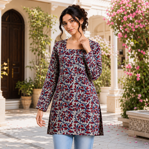 Kurti en coton premium à imprimé floral Sanganeri pour femmes, col carré, haut long, vêtements ethniques décontractés, fournisseur en gros, qualité export. - Product Image 2