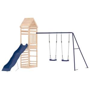 Juego de juegos infantiles de madera natural para exteriores con columpio de madera de pino maciza azul y polipropileno - Product Image 2
