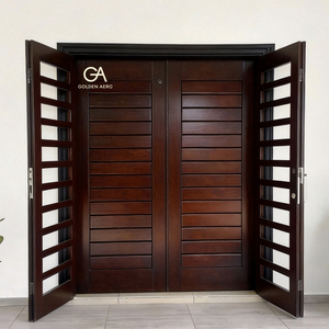 Puerta Principal Moderna de Madera Sólida GA-54L, Diseño de Doble Raya Ranurada para Villa, Tamaño Personalizado, Buena Calidad - Product Image 2