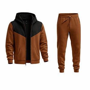 Survêtement à capuche contrasté marron et noir pour hommes, veste à fermeture éclair, coupe slim, pantalon de jogging, vêtements de sport décontractés, ensemble de fitness pour la salle de sport, de haute qualité - Product Image 3