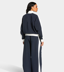Pantalon large bleu marine pour femme, taille haute élastique, rayures latérales, coupe décontractée ample, longueur complète, en tricot de spandex et polyester - Product Image 3