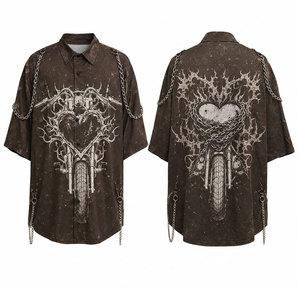 Low Price <b>Gothic</b> Cotton <b>Shirt</b> <b>Men</b> Short Sleeve Turn-Down Collar Moto Biker Style With Chains And Heart Motorcycle Design - Product Image 1