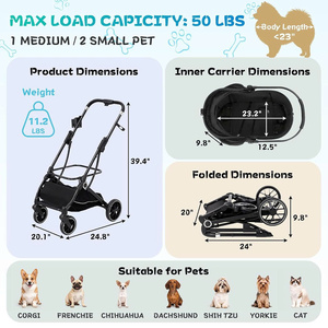 Poussette pour animaux de compagnie pour chiens et chats jusqu'à 50 lb avec design 3-en-1, pliage en une seule étape, porte-bébé et capote amovibles - Product Image 2