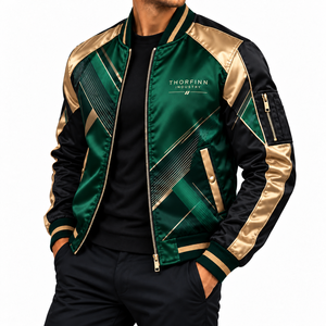 Chaqueta Bomber de Satén con Bloques de Color para Hombre, Dorado y Verde, Cortavientos, con Cremallera, Cuello Alto, para Otoño, Precio Económico, Venta al por Mayor, OEM Personalizado - Product Image 3