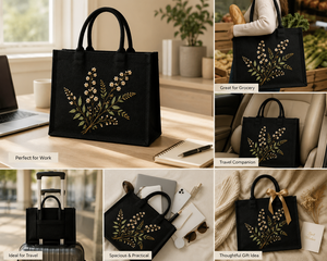 Embroidered Floral Jute Reusable Beach <b>Gift</b> Shopping <b>Bag</b> <b>Large</b> Size Magnetic Closure Hand Length Handle - Product Image 3