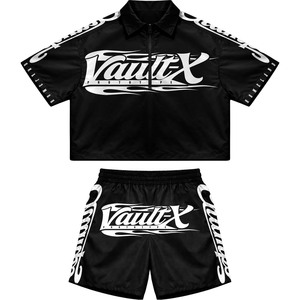 High quality satin polyester windbreaker short set red <b>white</b> panel design embroidered logo Windbreaker Shorts Set for Men - Product Image 2