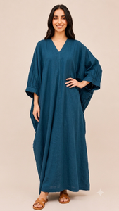 Kaftan Kurta décontracté en soie Dupion bleu sarcelle pour femme, longueur genou, manches trois quarts - Product Image 2