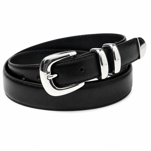 Women PU Leather <b>Belt</b> Black Fashion Waist <b>Belt</b> <b>Silver</b> <b>Buckle</b> Double Keeper Adjustable Casual Dress <b>Belt</b> Wholesale Supplier Maker - Product Image 1