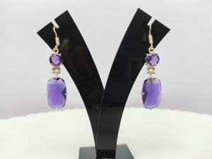 Boucles d'oreilles pendantes rectangulaires classiques faites à la main en argent plaqué 925 avec améthyste et perle de cristal pour femme, tendance - Product Image 3